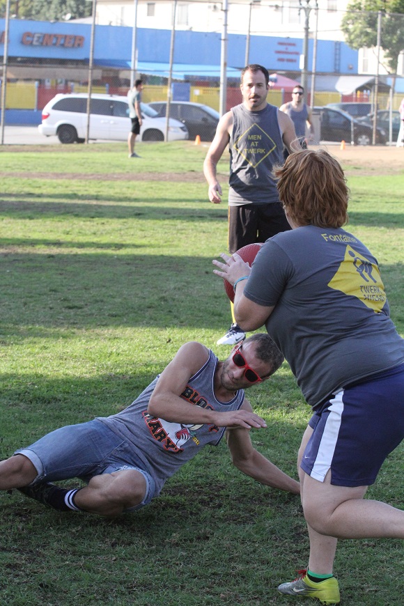 Men at Twerk’s Danielle Fontaine is out to stop the Bloody Marys from getting to third.