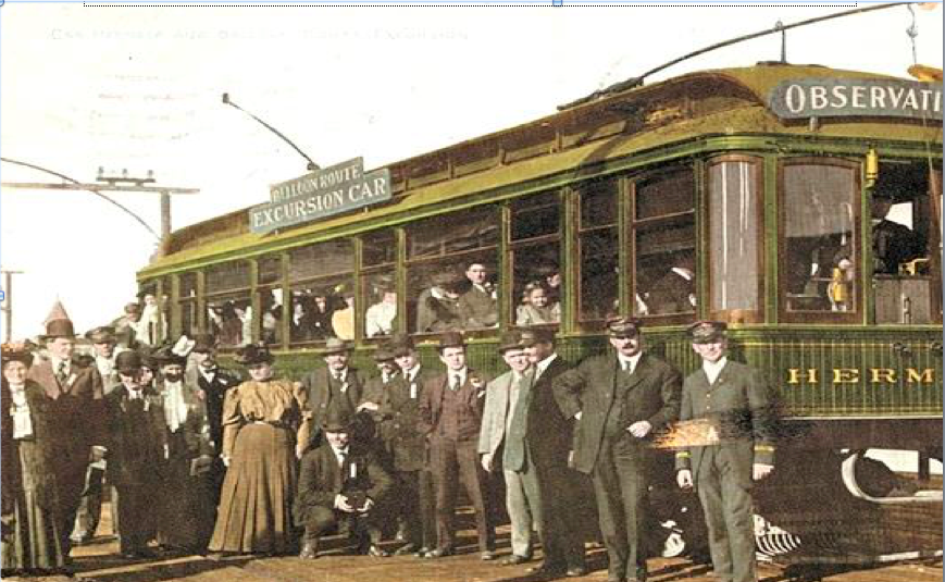 This photo from 1902 shows passengers enjoying the most famous trolley car trip in the West during the early 1900s – a daylong excursion called the “Balloon Route” from downtown Los Angeles to the beach cities and back again. The popular trip, billed as “the only ocean voyage on wheels,” covered 101 miles for 100 cents. (Photo from the Los Angeles Water and Power Collection)